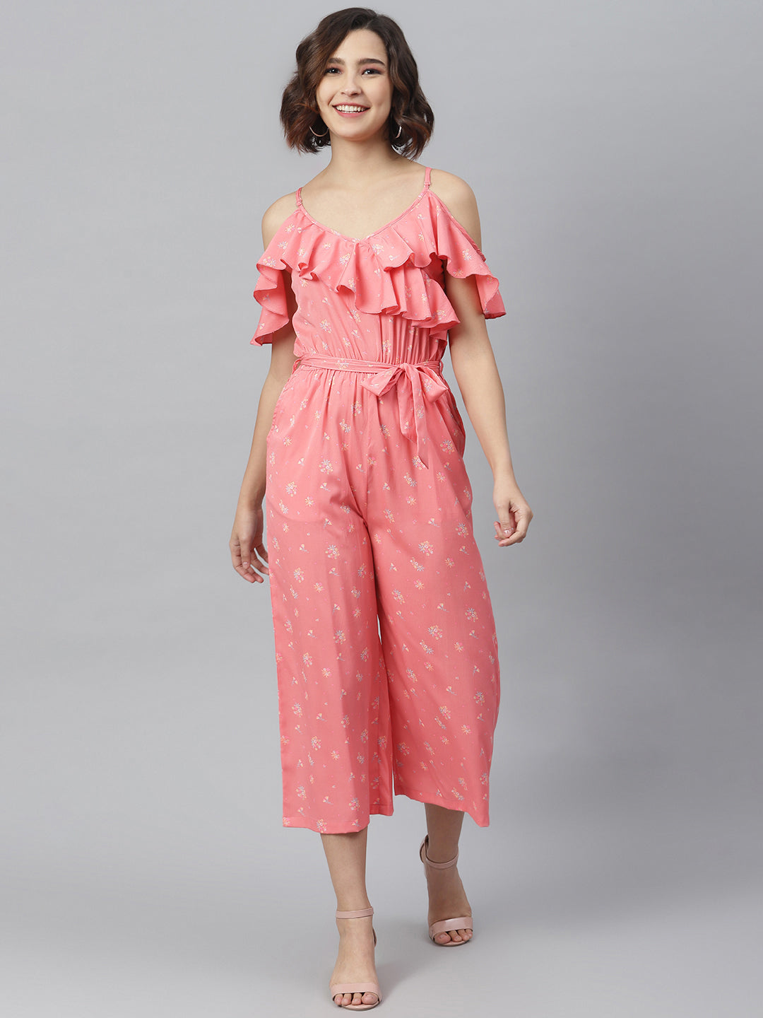 Pink-Polyester-Cross-Neck-Ruffle-Jumpsuit