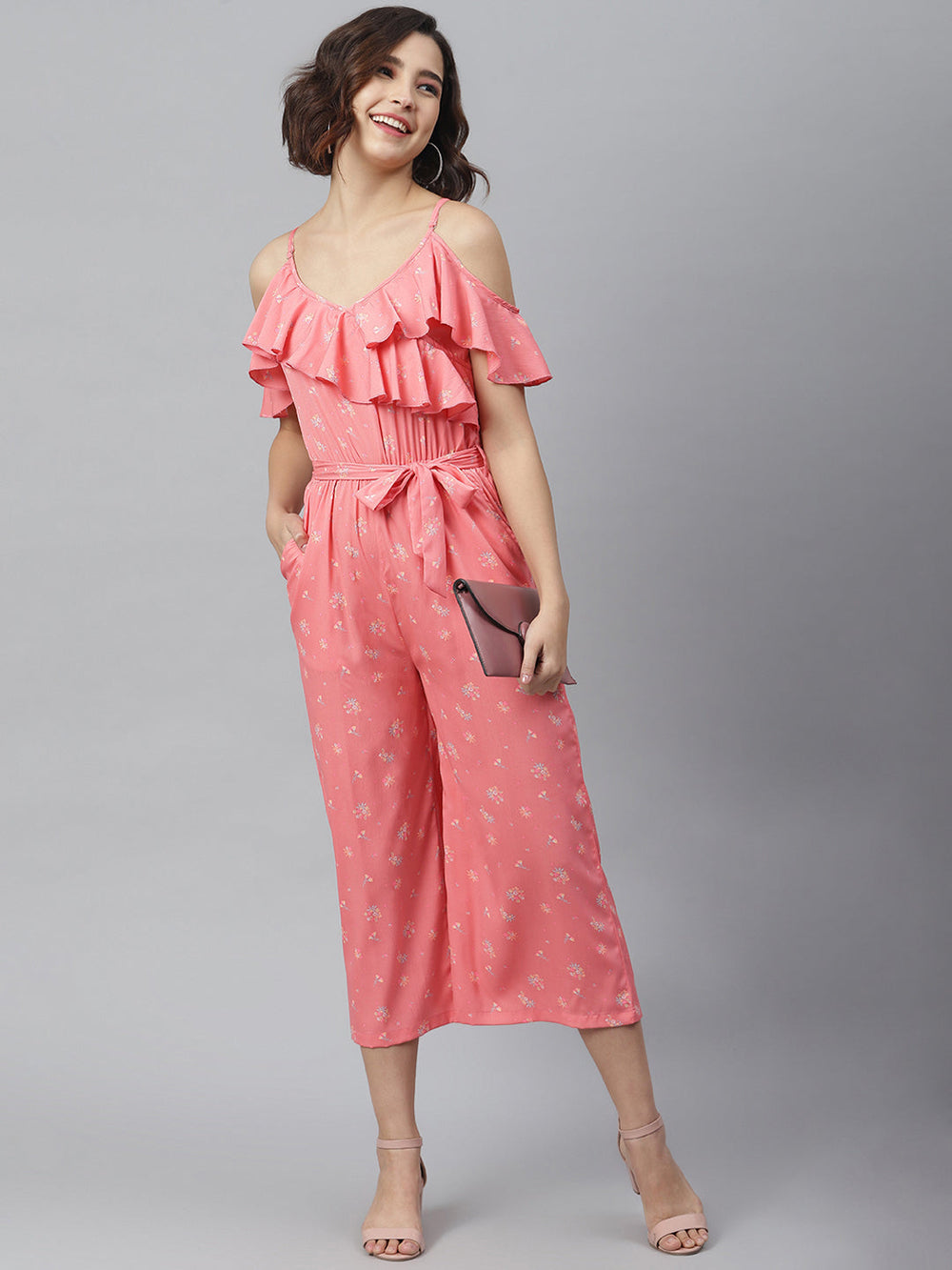 Pink-Polyester-Cross-Neck-Ruffle-Jumpsuit