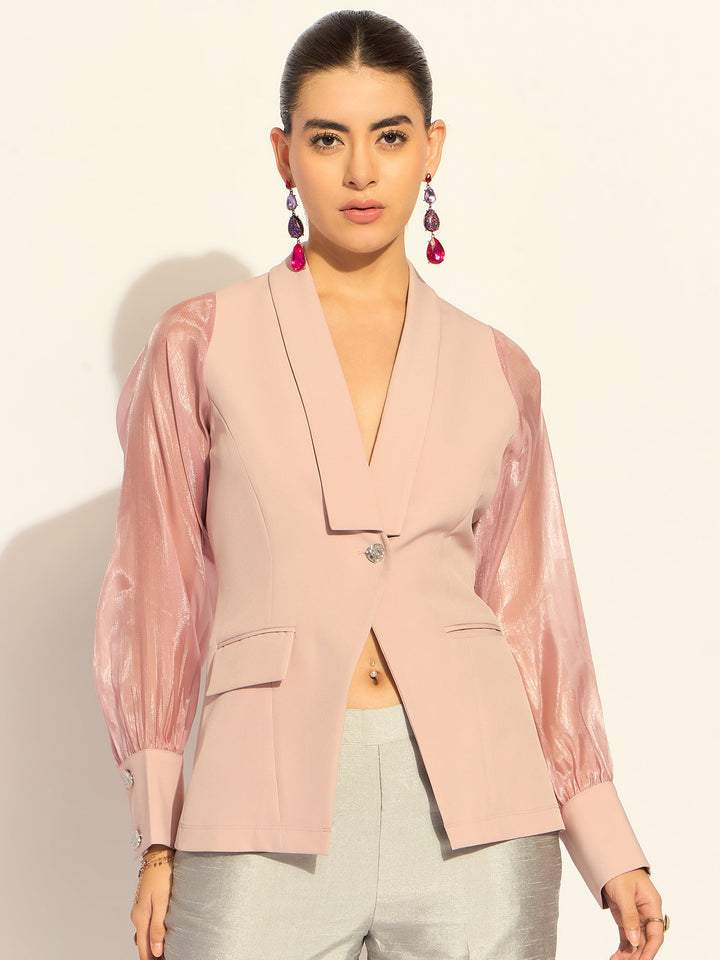 Pink-Polyester-Puffed-Sleeves-Split-Joint-Lapel-Top