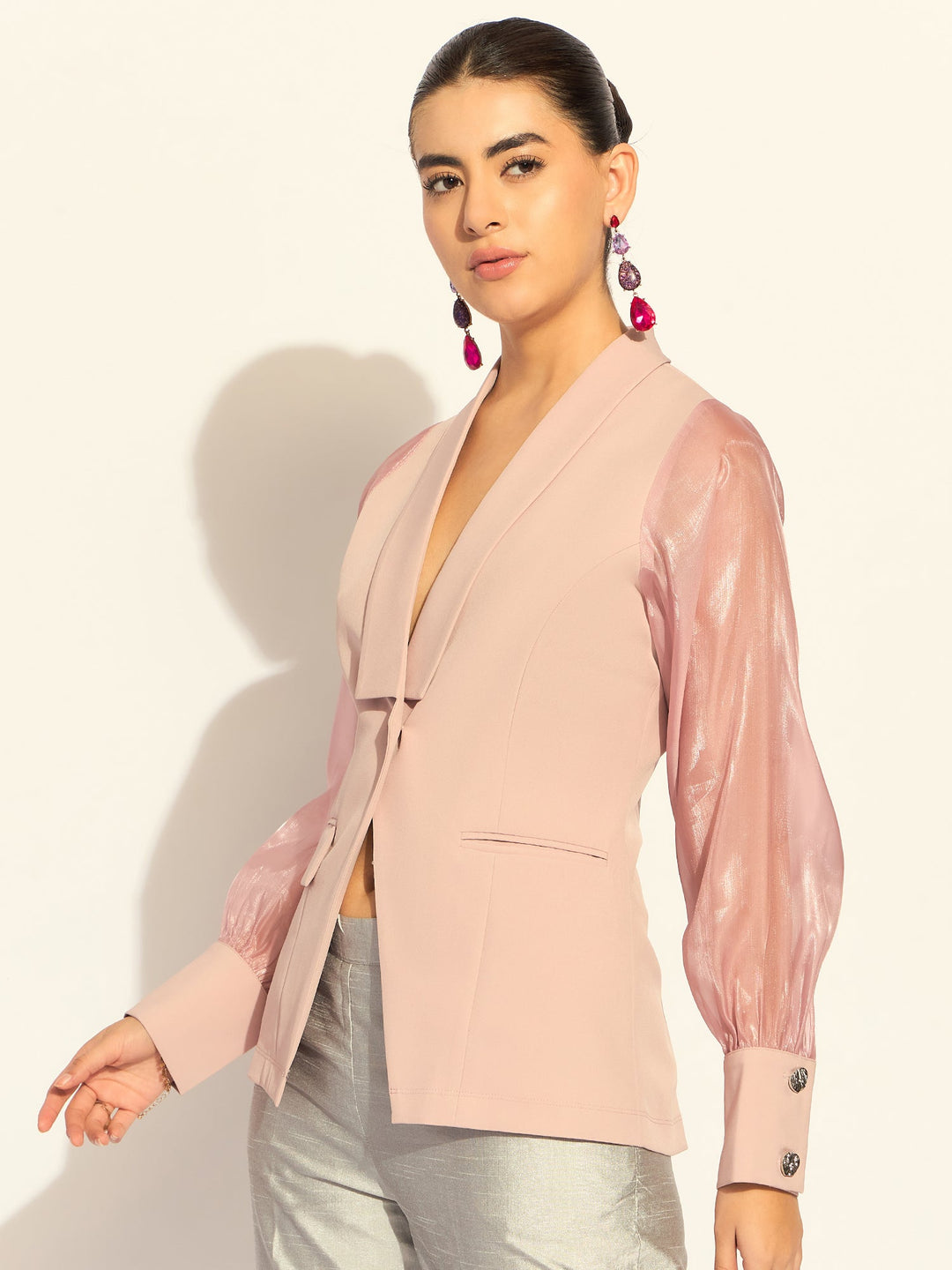 Pink-Polyester-Puffed-Sleeves-Split-Joint-Lapel-Top