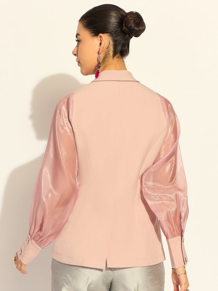 Pink-Polyester-Puffed-Sleeves-Split-Joint-Lapel-Top