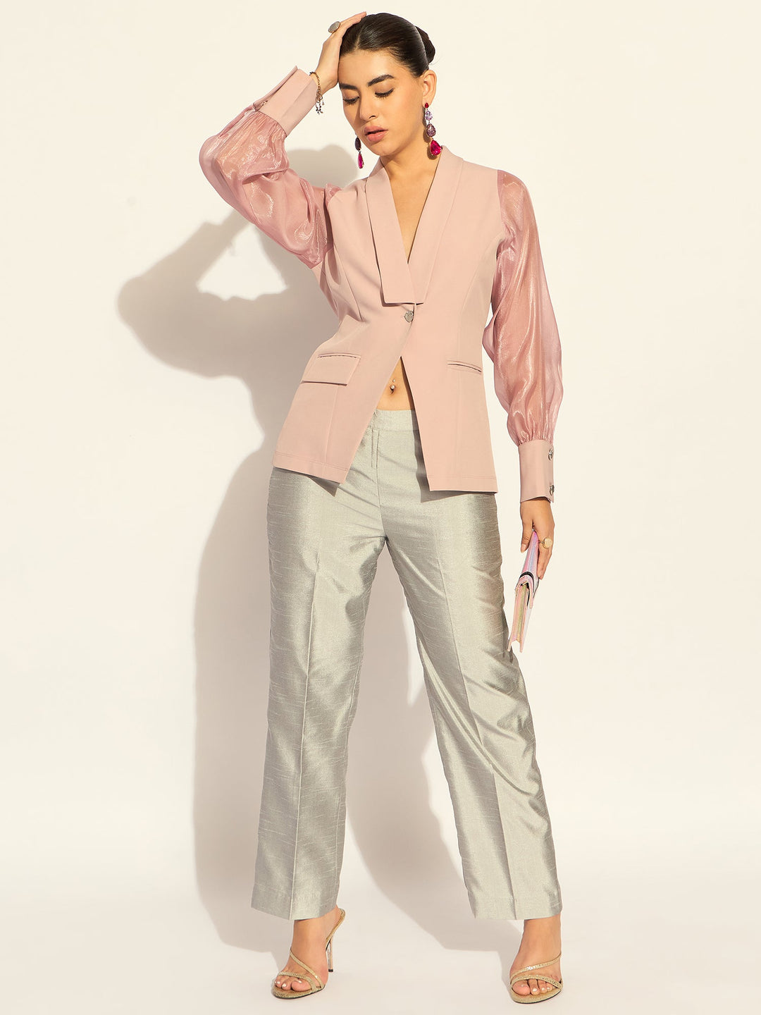 Pink-Polyester-Puffed-Sleeves-Split-Joint-Lapel-Top