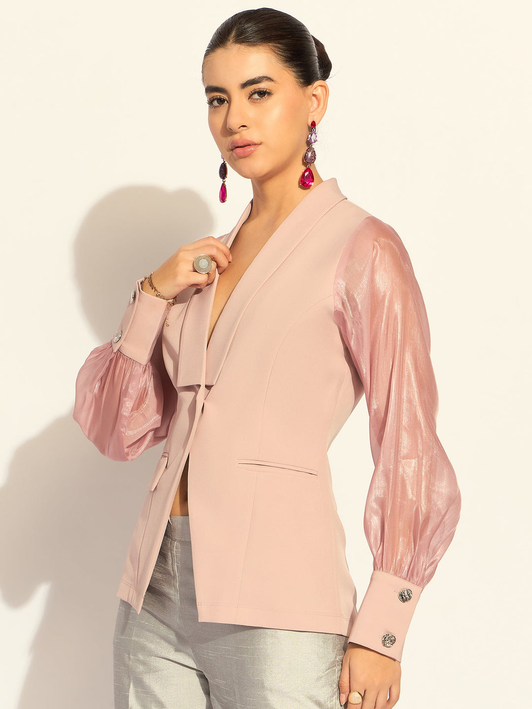 Pink-Polyester-Puffed-Sleeves-Split-Joint-Lapel-Top