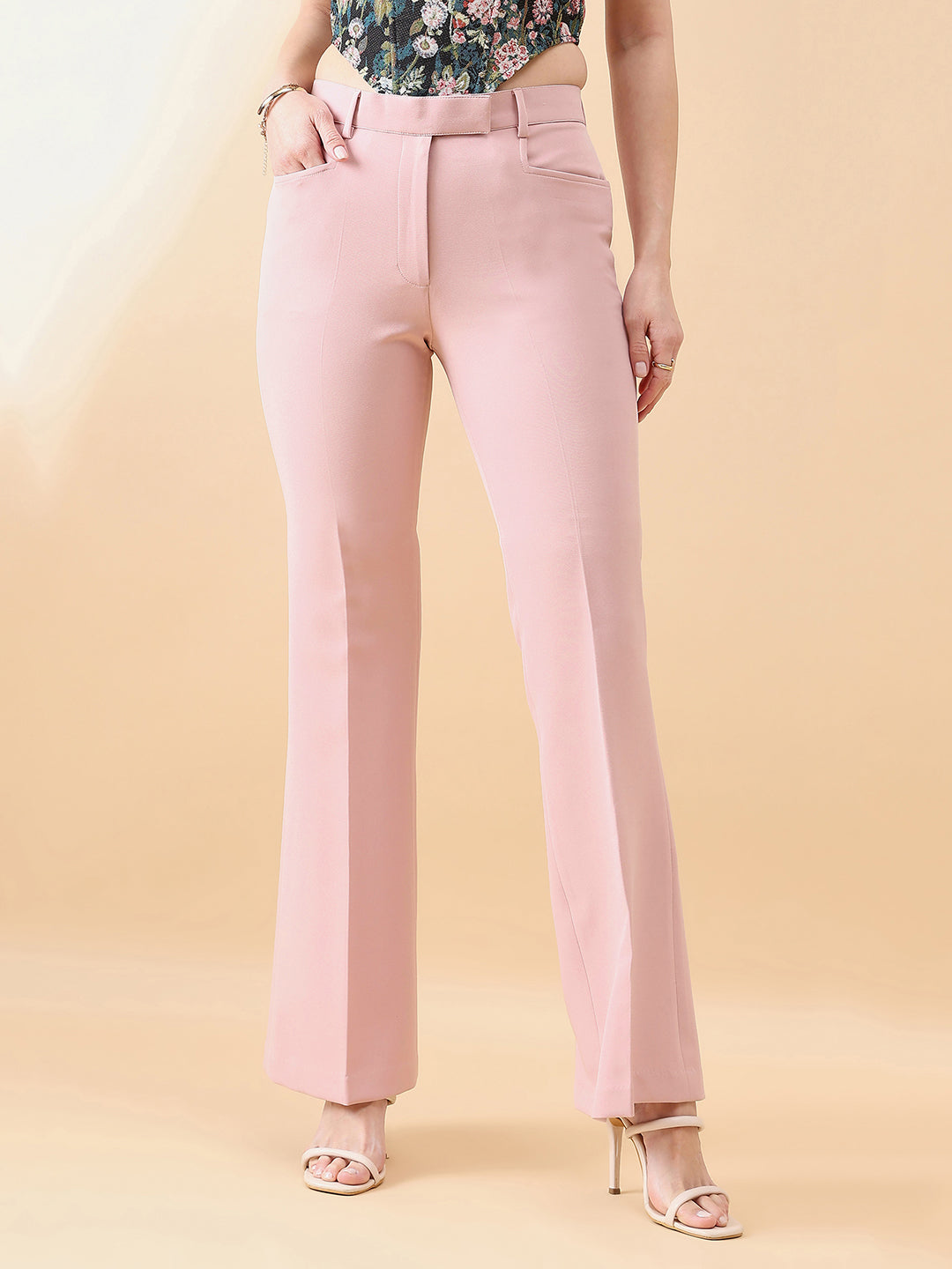 Pink-Polyester-&-Viscose-Blend-Belly-Bottom-Stretch-Pants