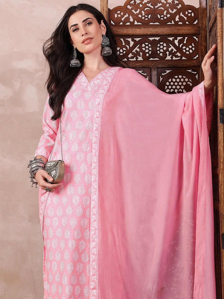 Pink-Rayon-Blend-Floral-Print-3-Piece-Kurta-Set