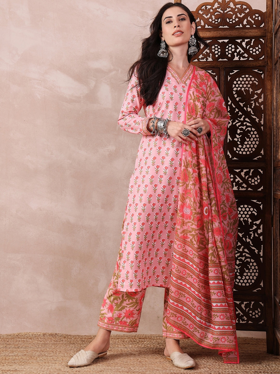 ZERESOUQ-Pink-Rayon-Blend-Printed-3-Piece-Kurta-Set