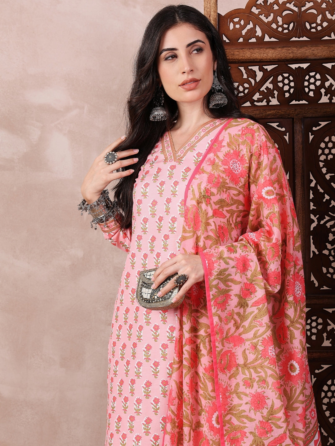 Pink-Rayon-Blend-Printed-3-Piece-Kurta-Set