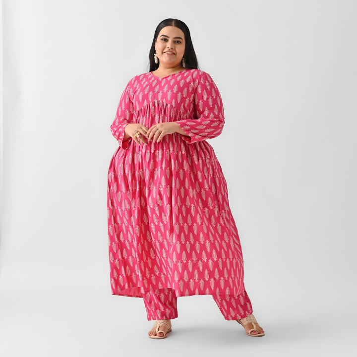 Pink-Rayon-Front-Gathered-Leaf-Print-2-Piece-Kurta-Set