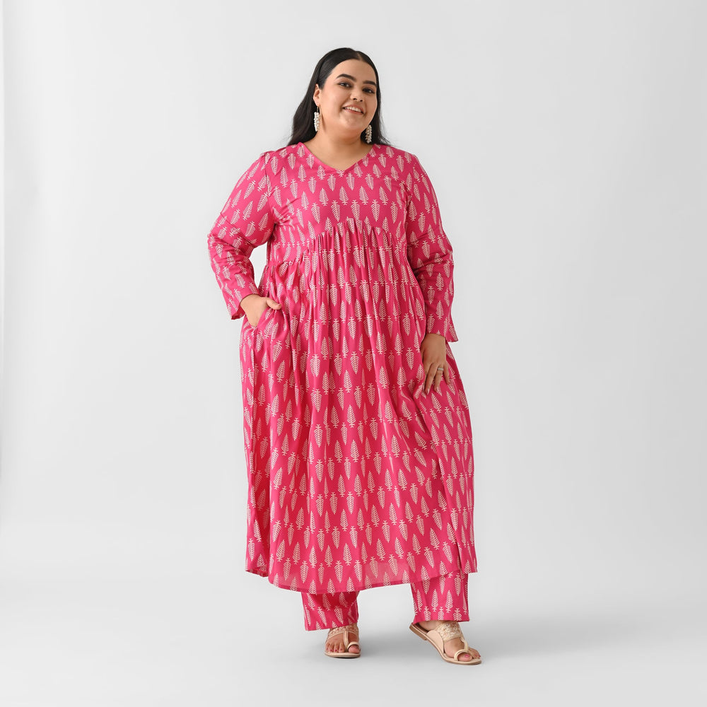 Pink-Rayon-Front-Gathered-Leaf-Print-2-Piece-Kurta-Set