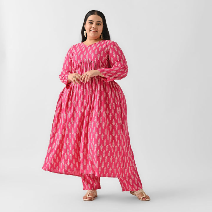 Pink-Rayon-Front-Gathered-Leaf-Print-2-Piece-Kurta-Set