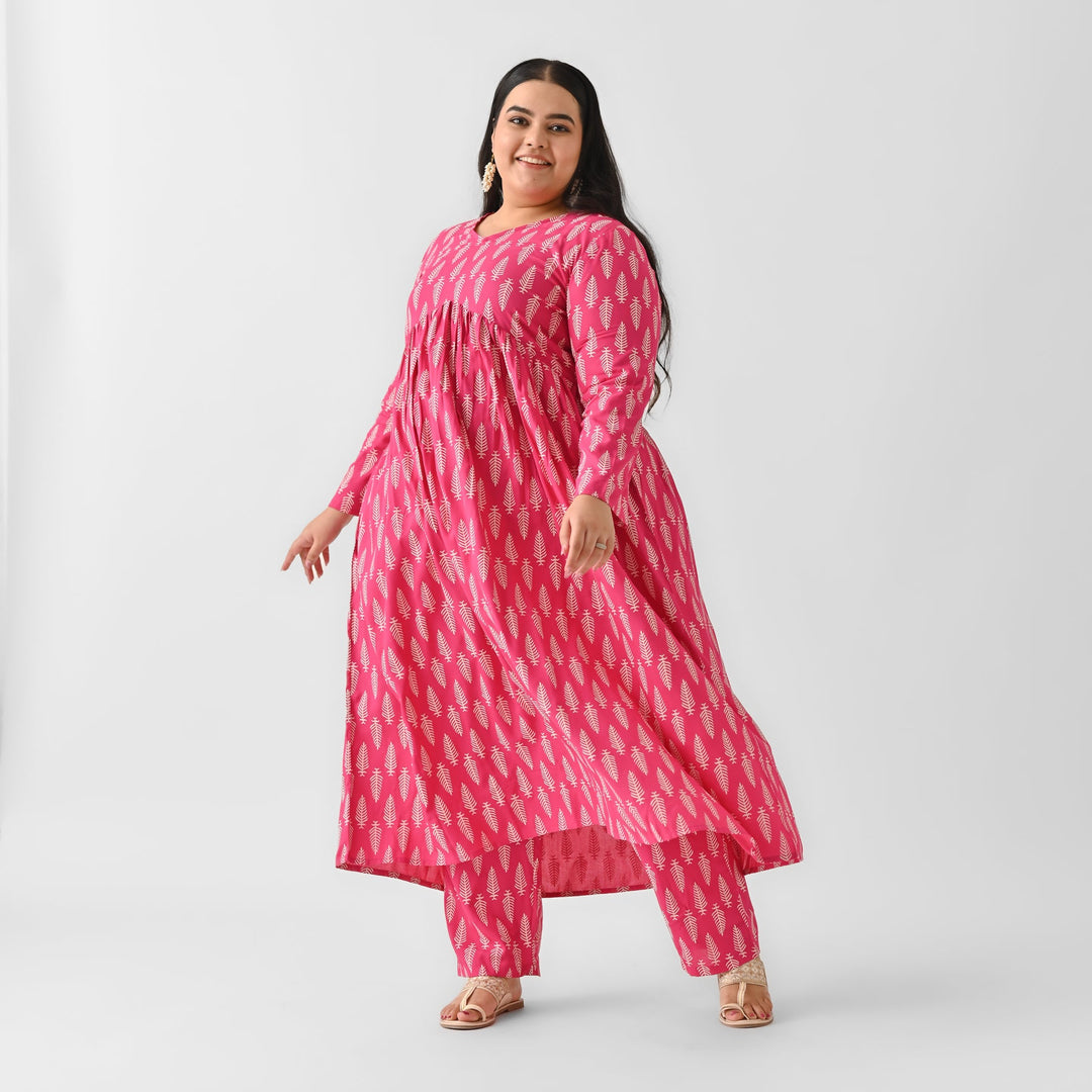 Pink-Rayon-Front-Gathered-Leaf-Print-2-Piece-Kurta-Set