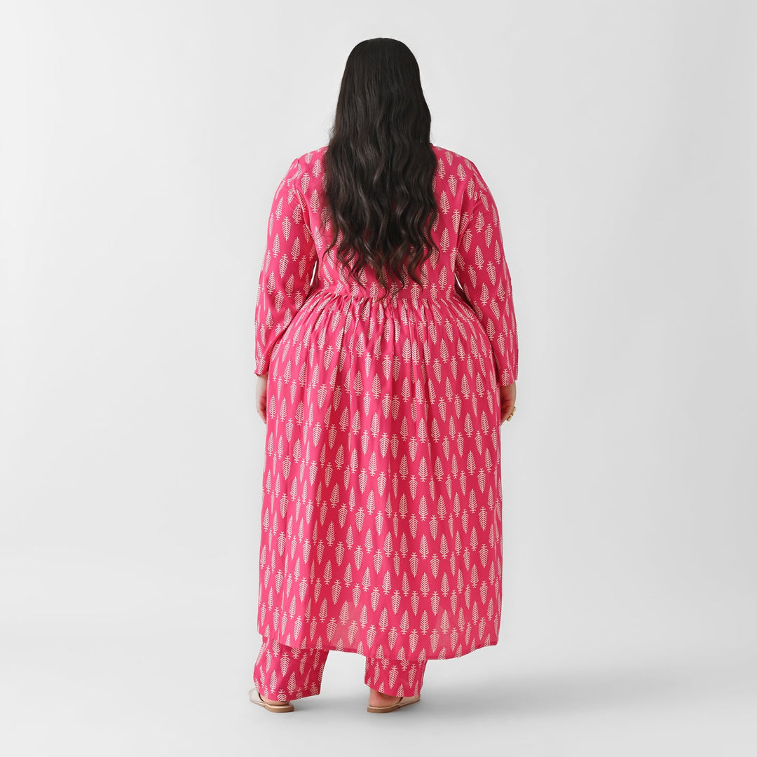 Pink-Rayon-Front-Gathered-Leaf-Print-2-Piece-Kurta-Set