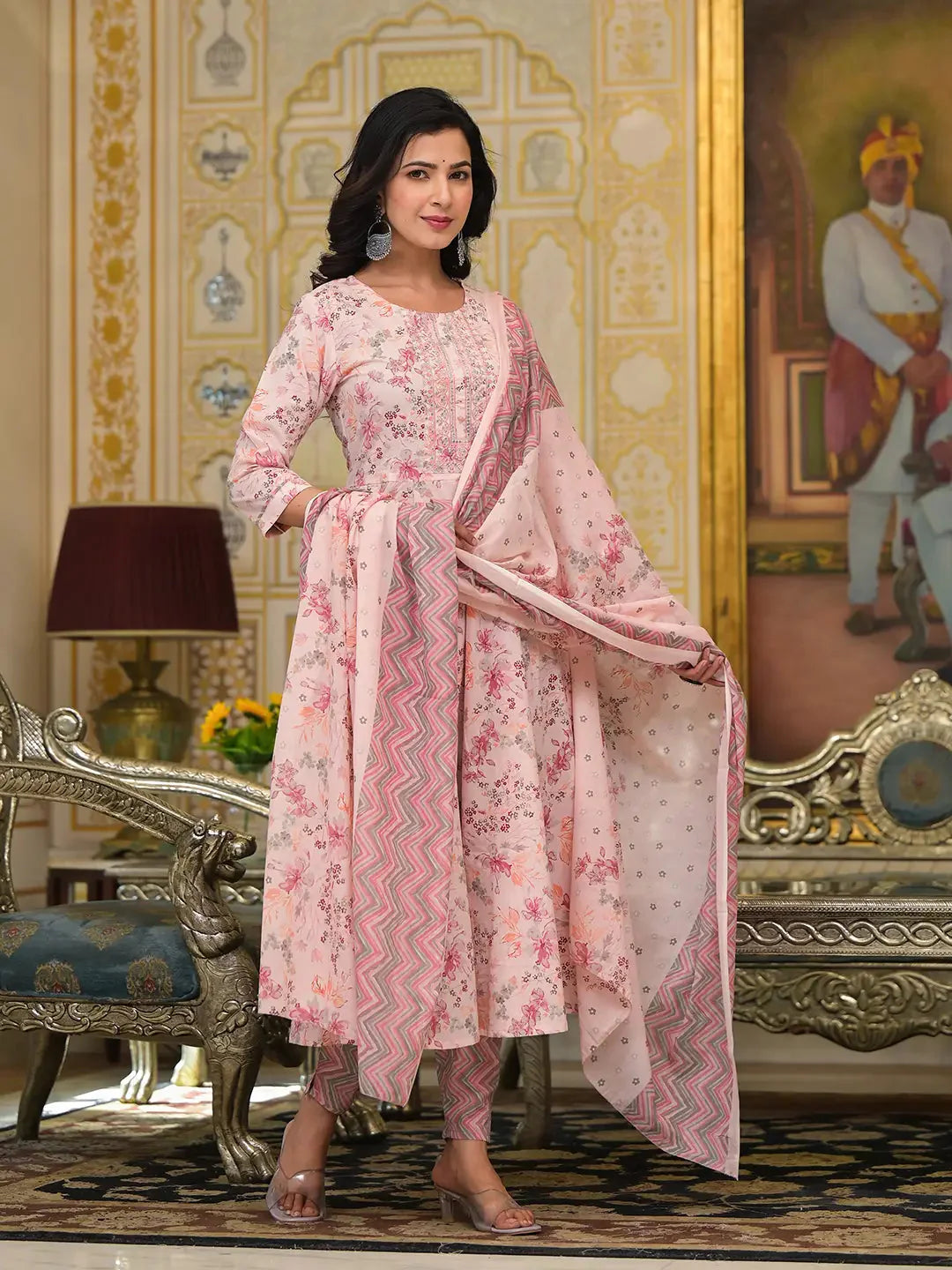 Pink-Cotton-Sequins-Work-Floral-Printed-Anarkali-Set