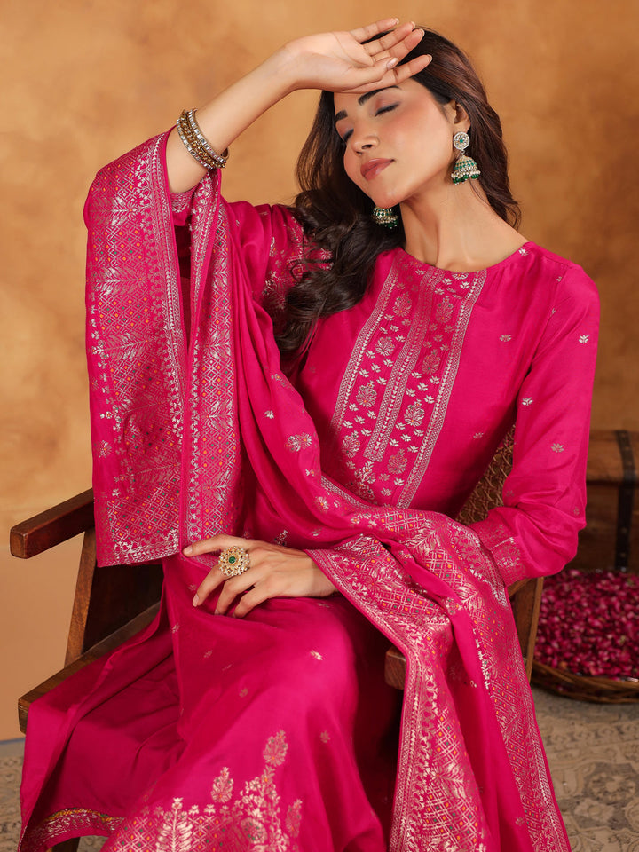 Pink Silk Blend All-Over Jacquard Straight Kurta Set