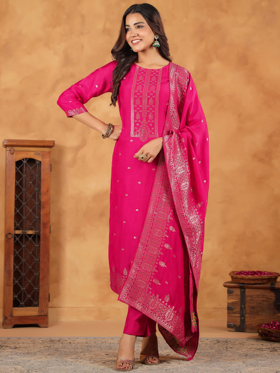 Pink Silk Blend All-Over Jacquard Straight Kurta Set