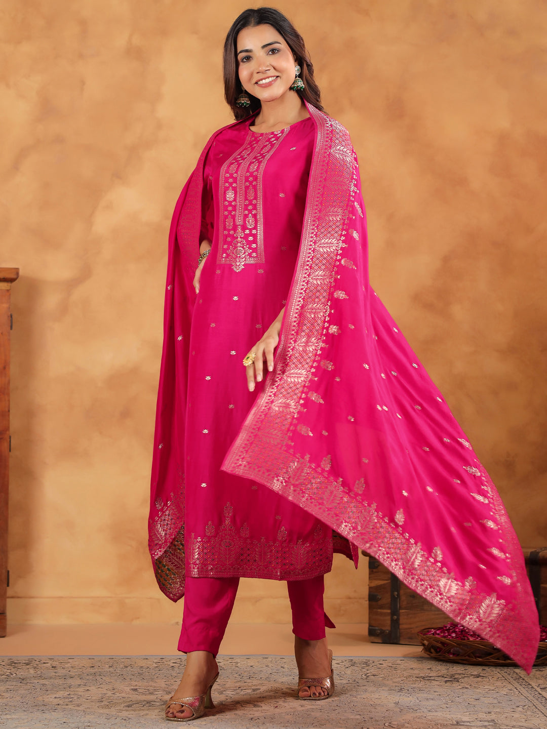 Pink Silk Blend All-Over Jacquard Straight Kurta Set