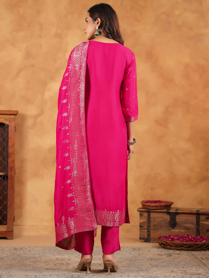 Pink Silk Blend All-Over Jacquard Straight Kurta Set