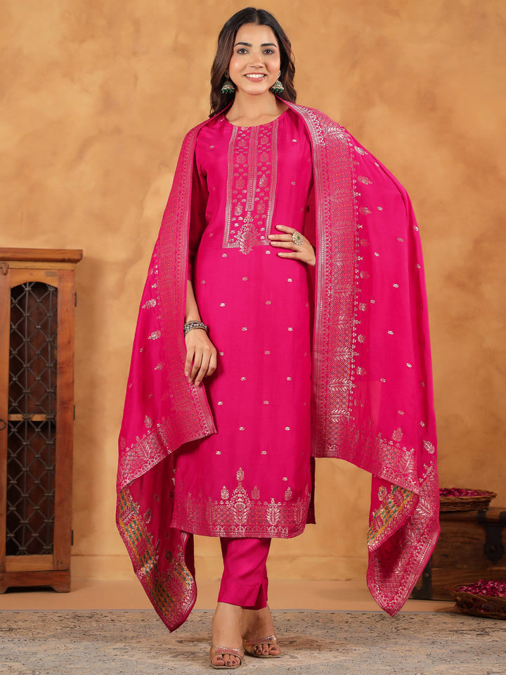 Pink Silk Blend All-Over Jacquard Straight Kurta Set