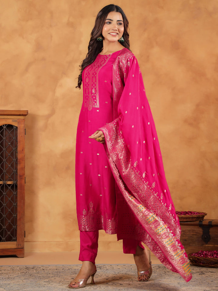 Pink Silk Blend All-Over Jacquard Straight Kurta Set