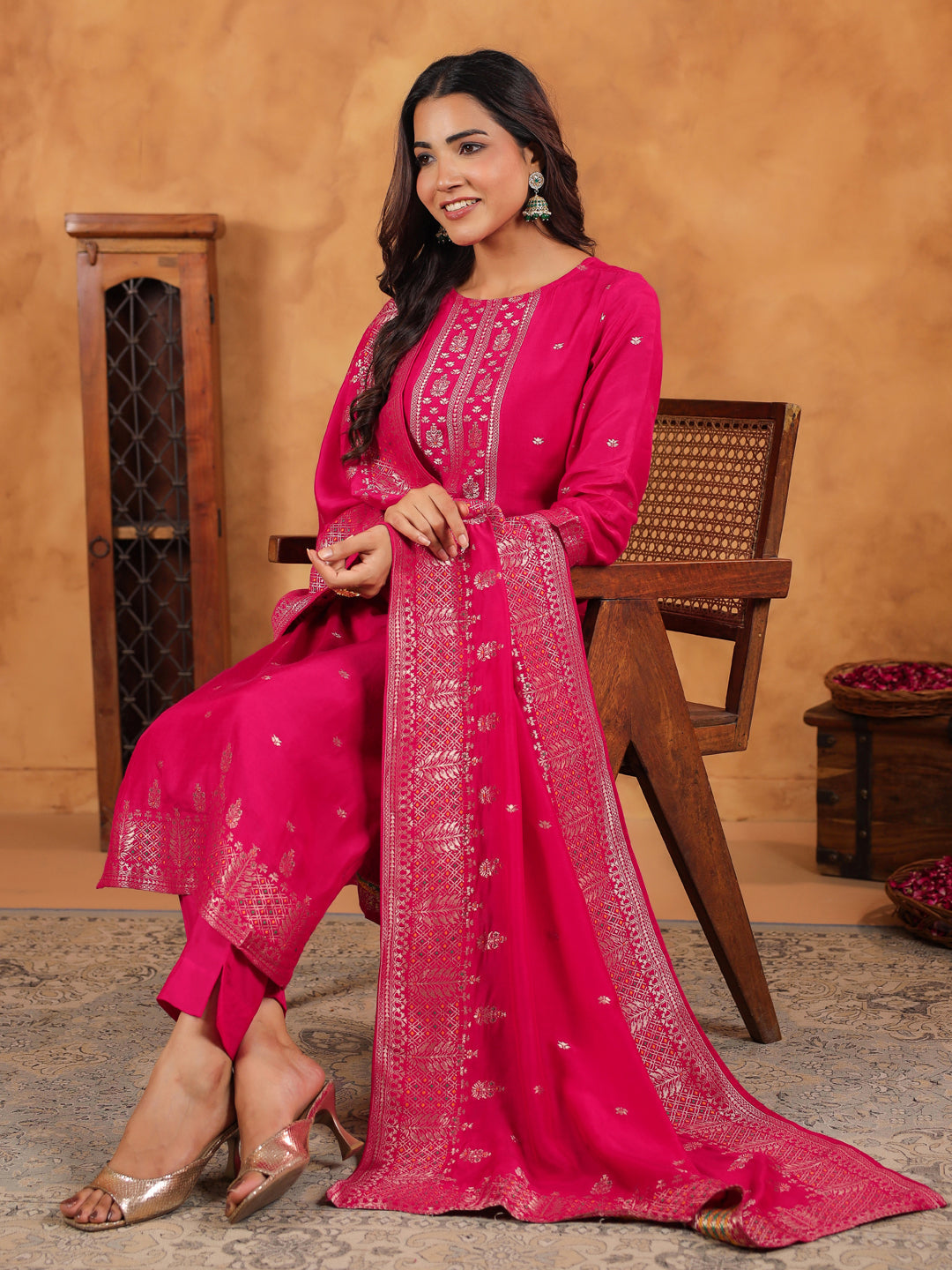 Pink Silk Blend All-Over Jacquard Straight Kurta Set