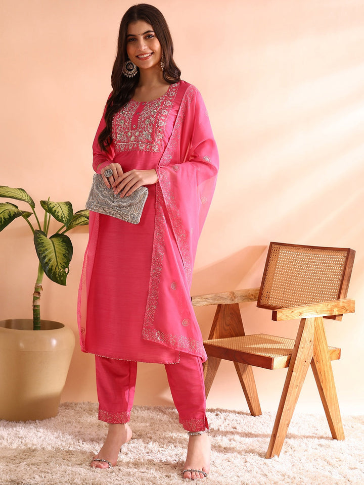 ZERESOUQ-Pink-Silk-Blend-Embroidered-3-Piece-Kurta-Set