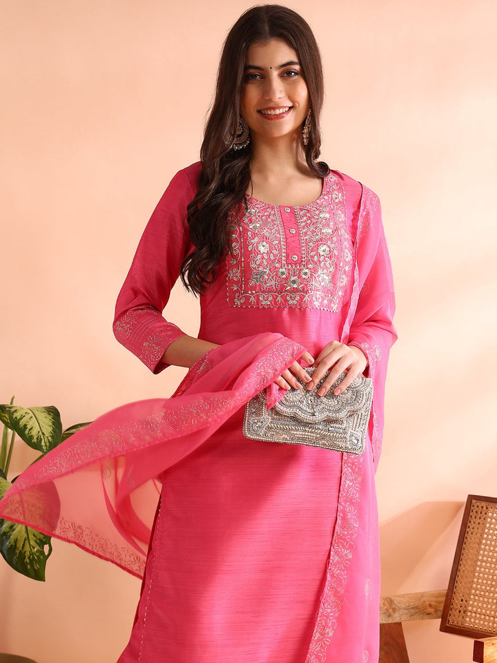 ZERESOUQ-Pink-Silk-Blend-Embroidered-3-Piece-Kurta-Set