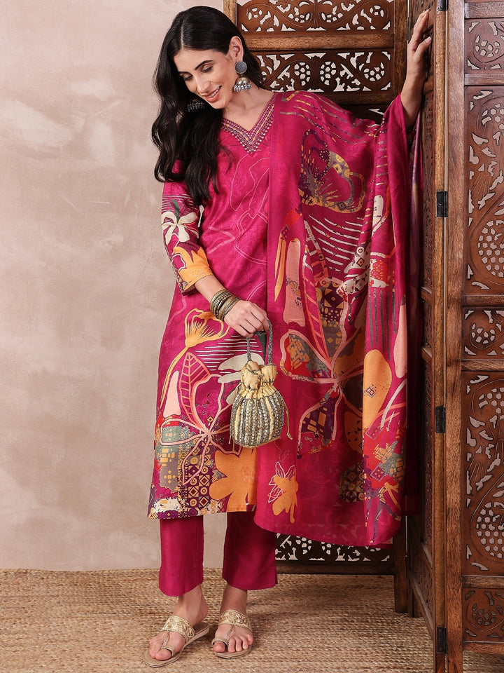 Pink-Silk-Blend-Floral-Printed-3-Piece-Kurta-Set