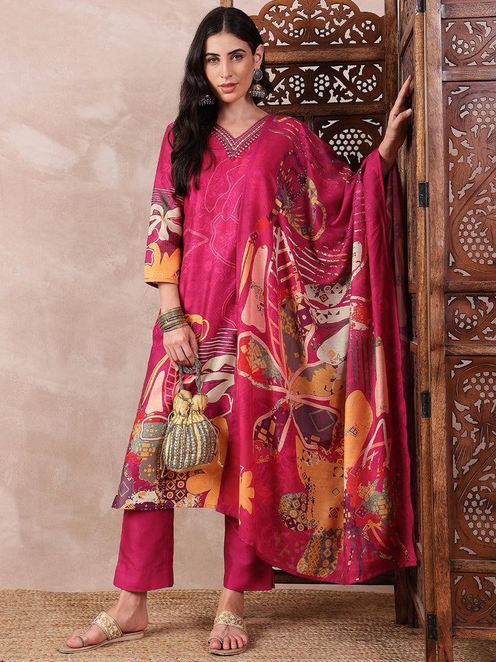 Pink-Silk-Blend-Floral-Printed-3-Piece-Kurta-Set