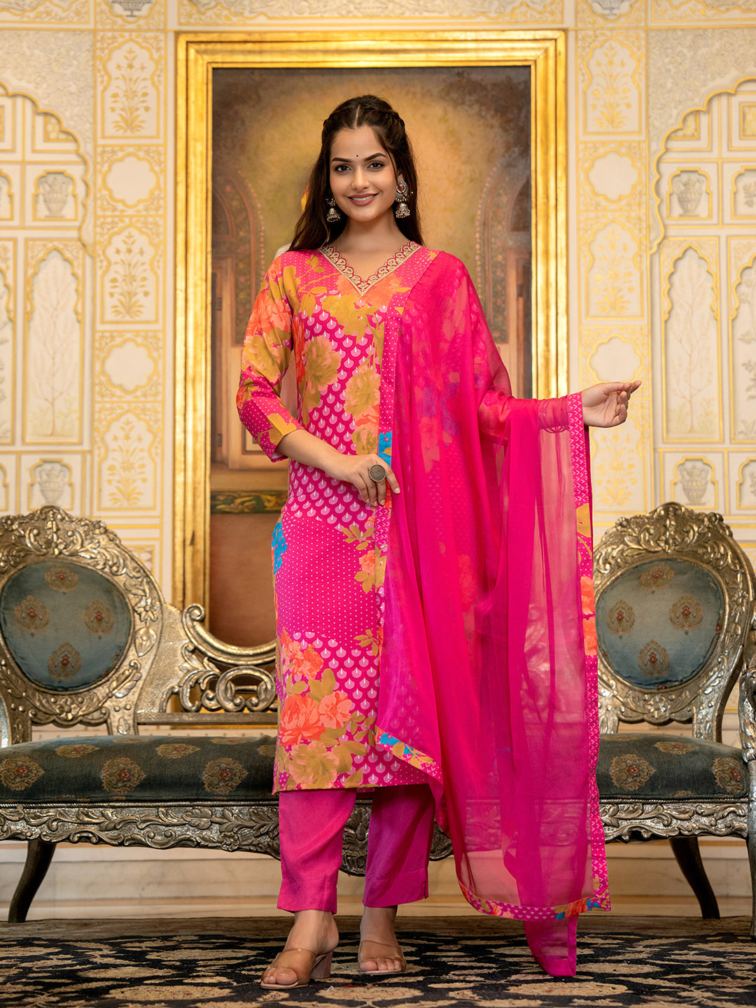 ZERESOUQ-Pink-Silk-Blend-Floral-Printed-Straight-3-Piece-Kurta-Set