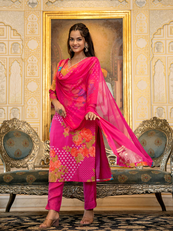 ZERESOUQ-Pink-Silk-Blend-Floral-Printed-Straight-3-Piece-Kurta-Set