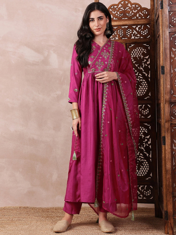 Pink-Silk-Blend-Solid-Embroidered-A-Line-3-Piece-Kurta-Set