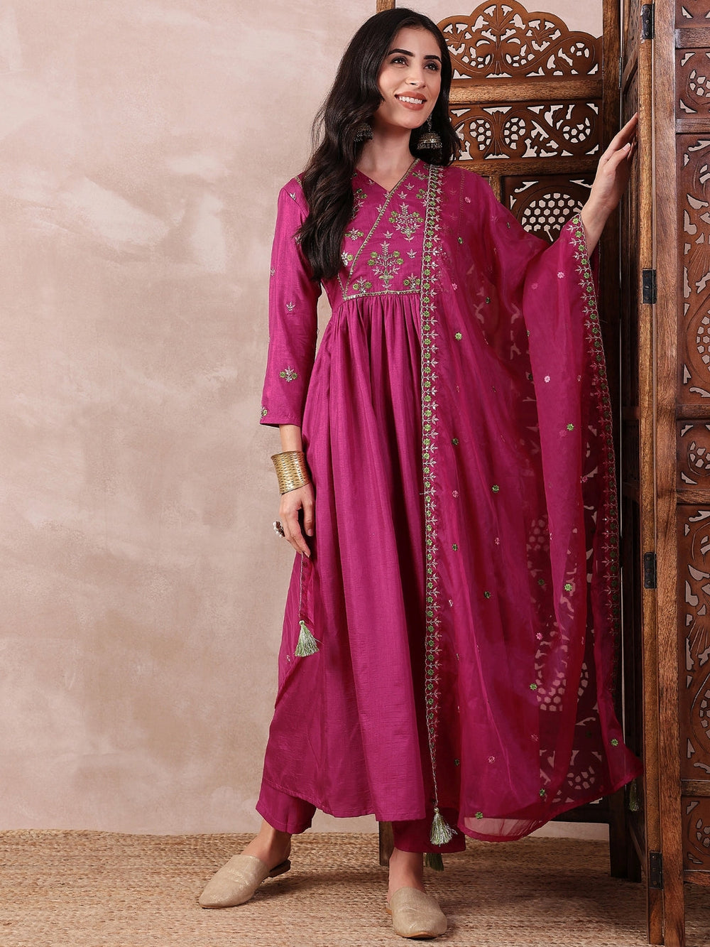 Pink-Silk-Blend-Solid-Embroidered-A-Line-3-Piece-Kurta-Set