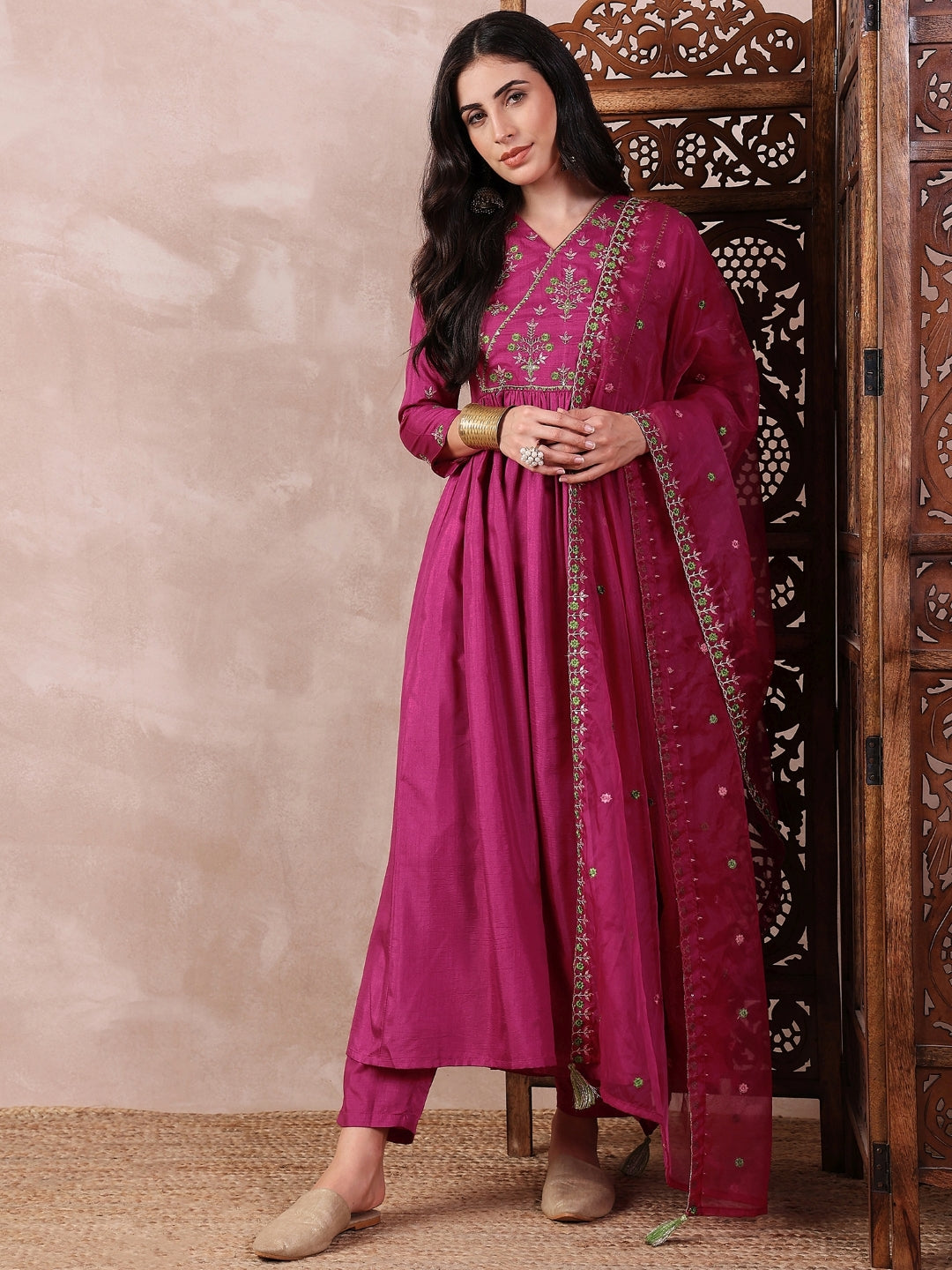 Pink-Silk-Blend-Solid-Embroidered-A-Line-3-Piece-Kurta-Set