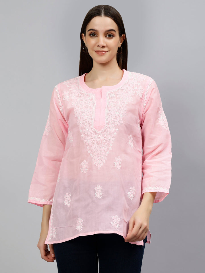 Pink Terivoil Cotton Embroidered Chikankari Short Tunic