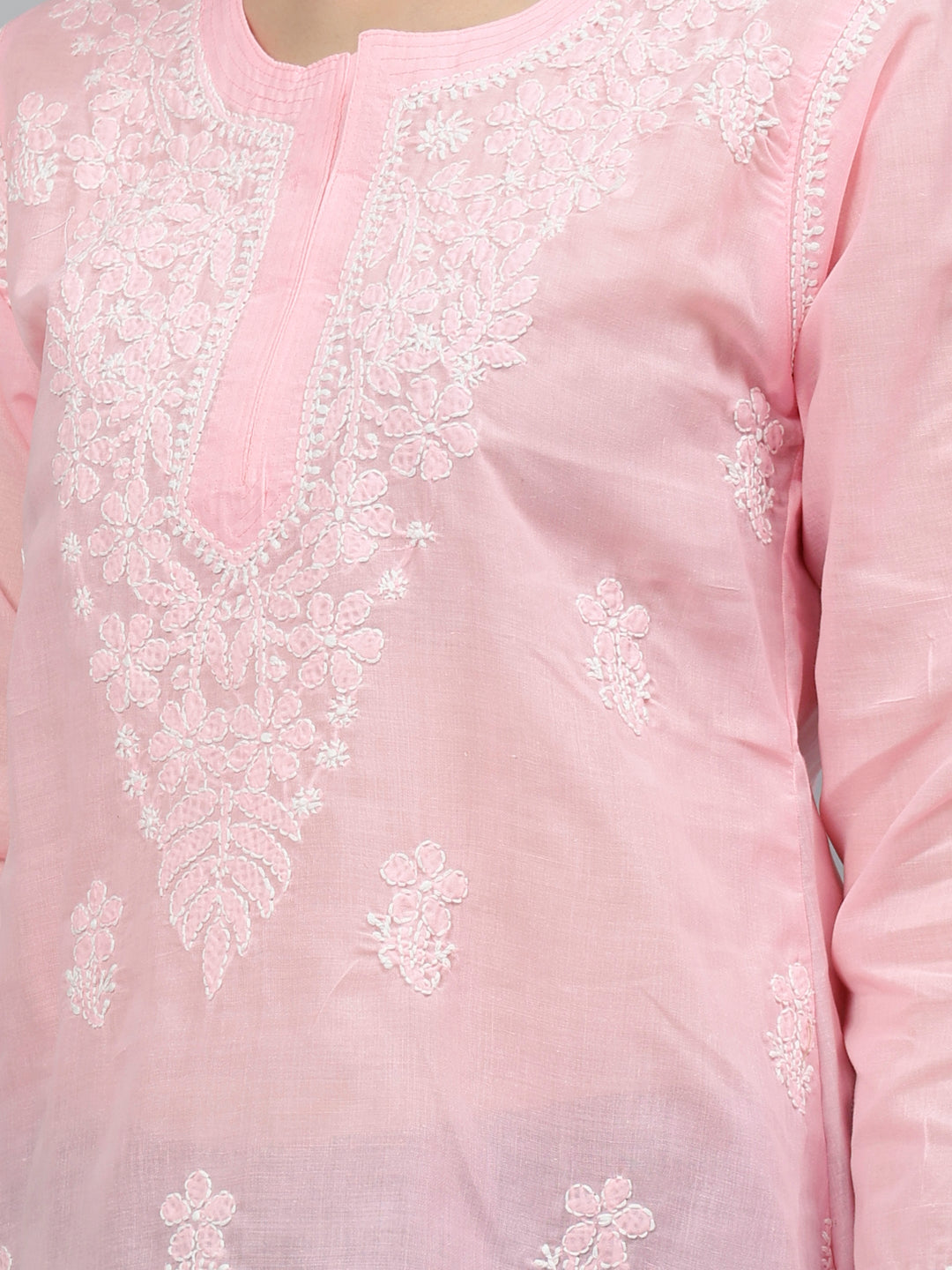 Pink Terivoil Cotton Embroidered Chikankari Short Tunic