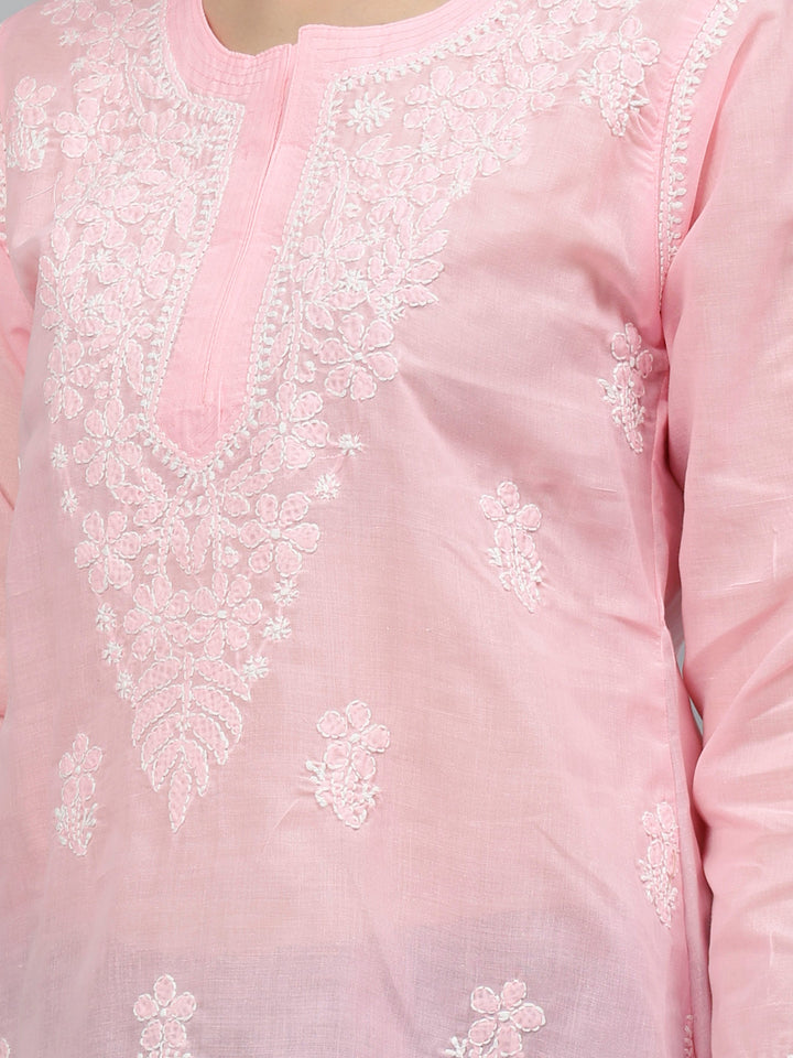 Pink Terivoil Cotton Embroidered Chikankari Short Tunic