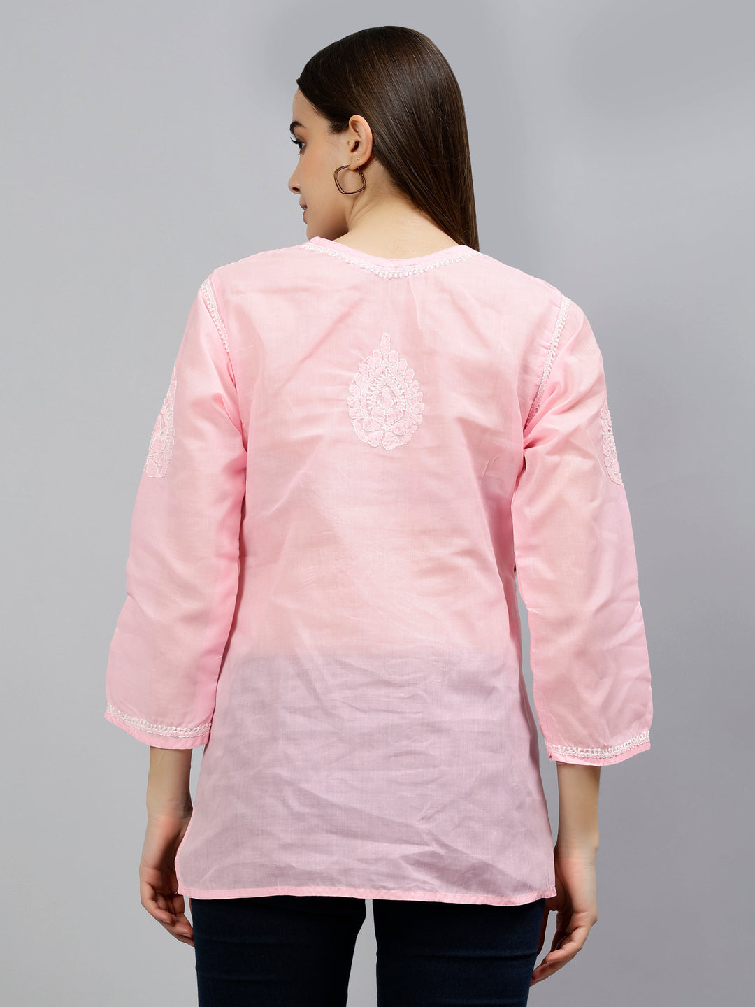 Pink Terivoil Cotton Embroidered Chikankari Short Tunic