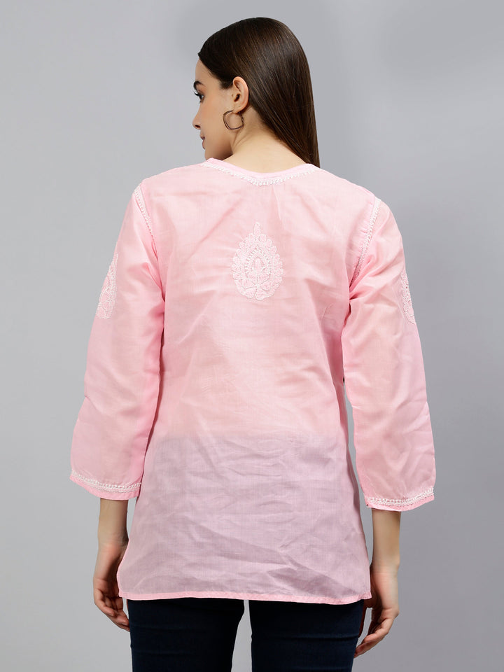 Pink Terivoil Cotton Embroidered Chikankari Short Tunic