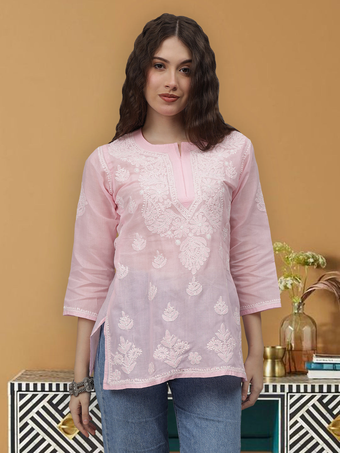 Pink-Terivoil-Cotton-Embroidered-Chikankari-Tunic