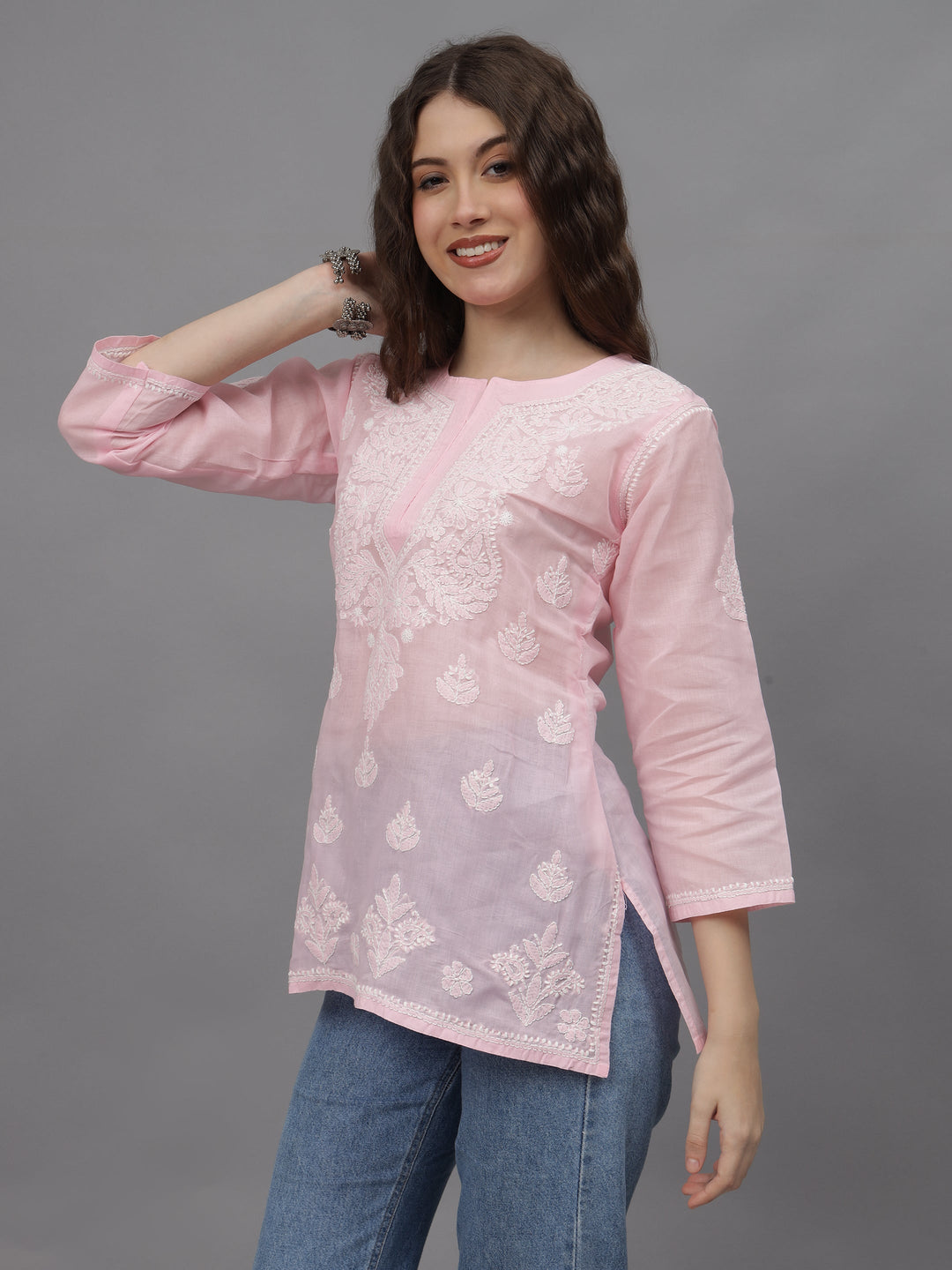 Pink-Terivoil-Cotton-Embroidered-Chikankari-Tunic