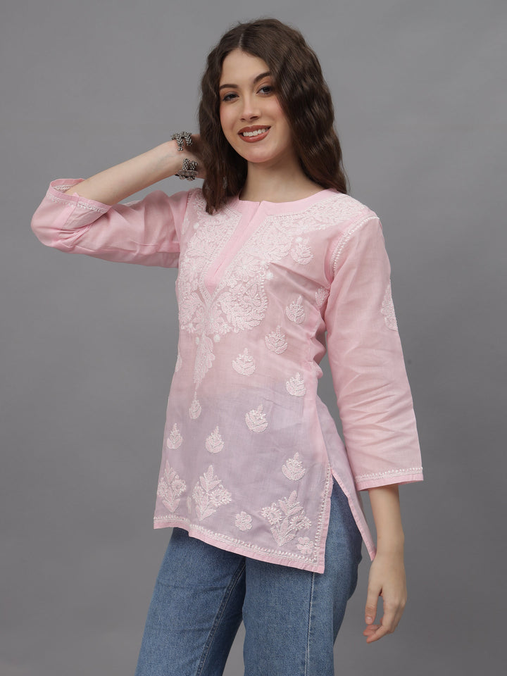 Pink-Terivoil-Cotton-Embroidered-Chikankari-Tunic