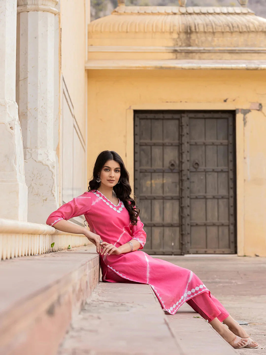 Pink-Silk-Blend-Tie-Dye-Lace-Work-Yoke-2-Piece-Kurta-Set