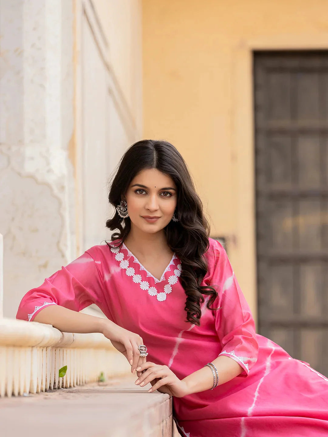 Pink-Silk-Blend-Tie-Dye-Lace-Work-Yoke-2-Piece-Kurta-Set