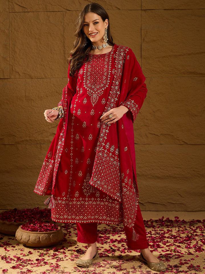 Pink Velvet Ethnic Motifs Printed Festive 3-Piece Suit Set