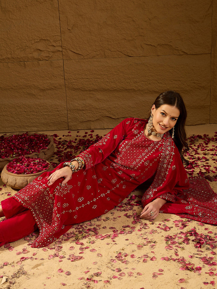 Pink Velvet Ethnic Motifs Printed Festive 3-Piece Suit Set