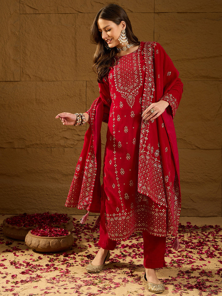 Pink Velvet Ethnic Motifs Printed Festive 3-Piece Suit Set