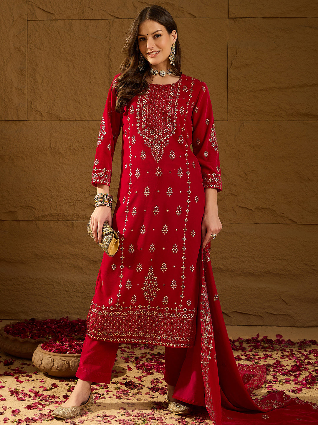 Pink Velvet Ethnic Motifs Printed Festive 3-Piece Suit Set