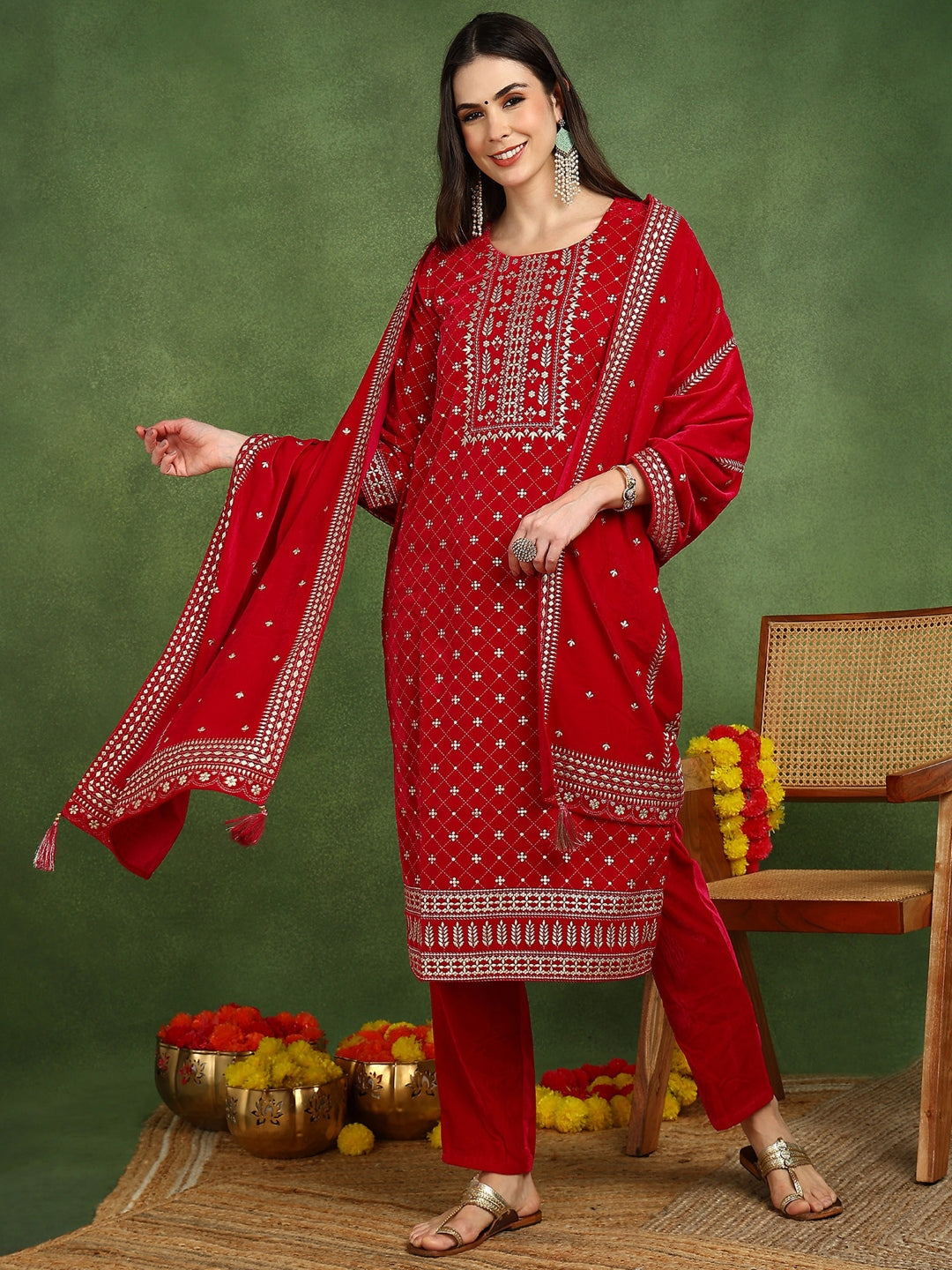 ZERESOUQ-Pink-Velvet-Ethnic-Motifs-Printed-Straight-Straight-3-Piece-Suit-Set