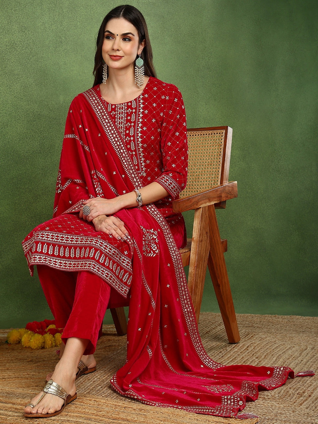ZERESOUQ-Pink-Velvet-Ethnic-Motifs-Printed-Straight-Straight-3-Piece-Suit-Set