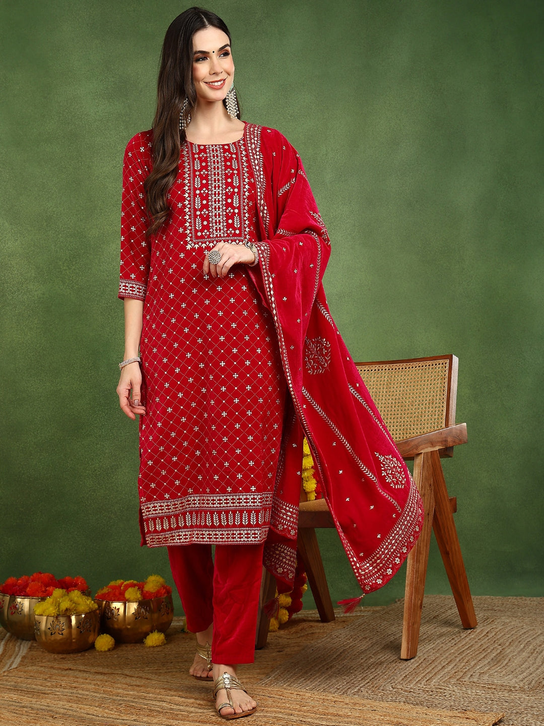 ZERESOUQ-Pink-Velvet-Ethnic-Motifs-Printed-Straight-Straight-3-Piece-Suit-Set
